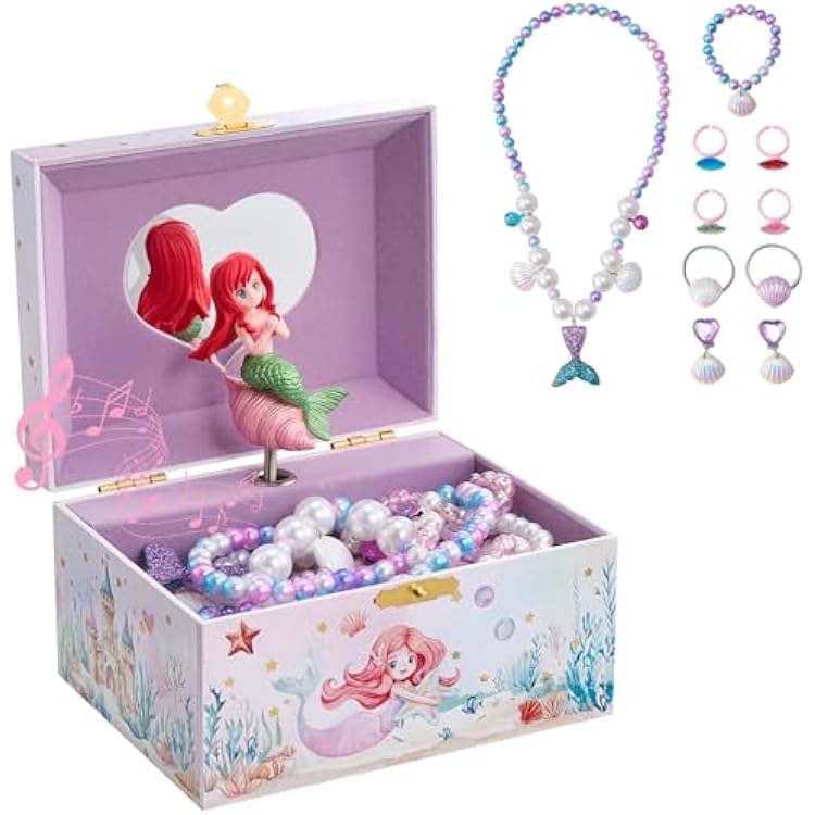 ProCase Mermaid Jewelry Box for Girls, Kids Musical Jewelry Boxes with Spinning Mermaid Doll, Birthday Christmas Gifts for Little Girls Children Toddler Ages 3 4 5 6 7 8 -Mermaid Box with Jewelry