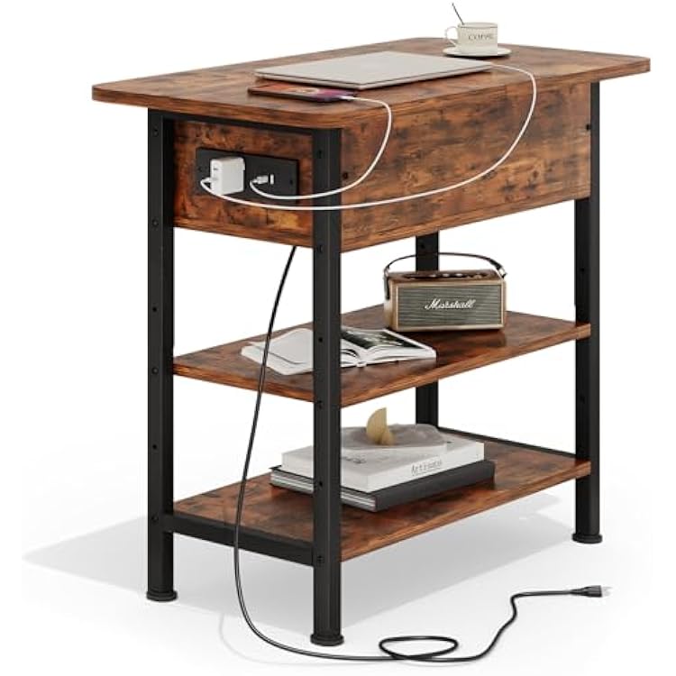 GRUSIGN End Table with Charging Station, Flip Top Side Table with USB Ports and Outlets, 3-Tier Small Side Table with Storage for Small Space, End Tables for Living RoomBedroom, Brown
