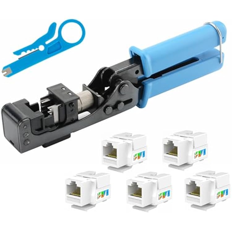 Yankok 90 Degree Punch Down Tool with 5 Keystone Jacks in White SPECIFIC MODULAR FIT CAT55e and CAT66A Modular Fast Termination Crimper, One Hand Operation Blue