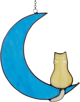 Cat Stained Glass Window Hangings Cat Memorial Gifts Cat Suncatcher for Window Pet Cat Loss Sympathy Gift for Cat Lovers Women Mom GrandmaOrange Cat on Blue Moon