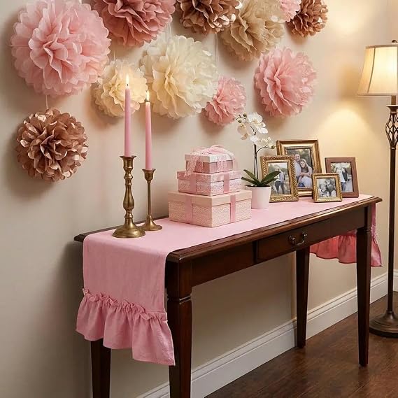 yuboo Pastel Pink Table Runner 72 Inches Long - Pink Spring Table Scarf with Ruffle Trim, Rustic Farmhouse Dresser Runners for Bedroom, Dining Tables & Mother's Day Decor