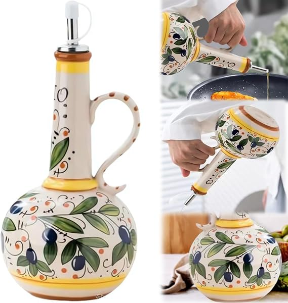 Ceramic Olive Oil Dispenser Bottle 23oz - Hand Painted Italian Style Kitchen Cruet for Oils, Sauces, Vinegar - Decorative Stoneware