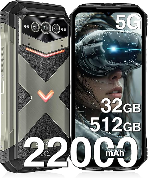 V Max Pro 5G Rugged Smartphone,22000mAh 32GB+512GB/TF 2TB Rugged Phone Unlocked Android 14,108MP+20MP Rugged Cell Phone,6.58" FHD+120Hz IPS Screen,IP68/IP69K Waterproof Phone,NFC/Face ID/WIFi 6