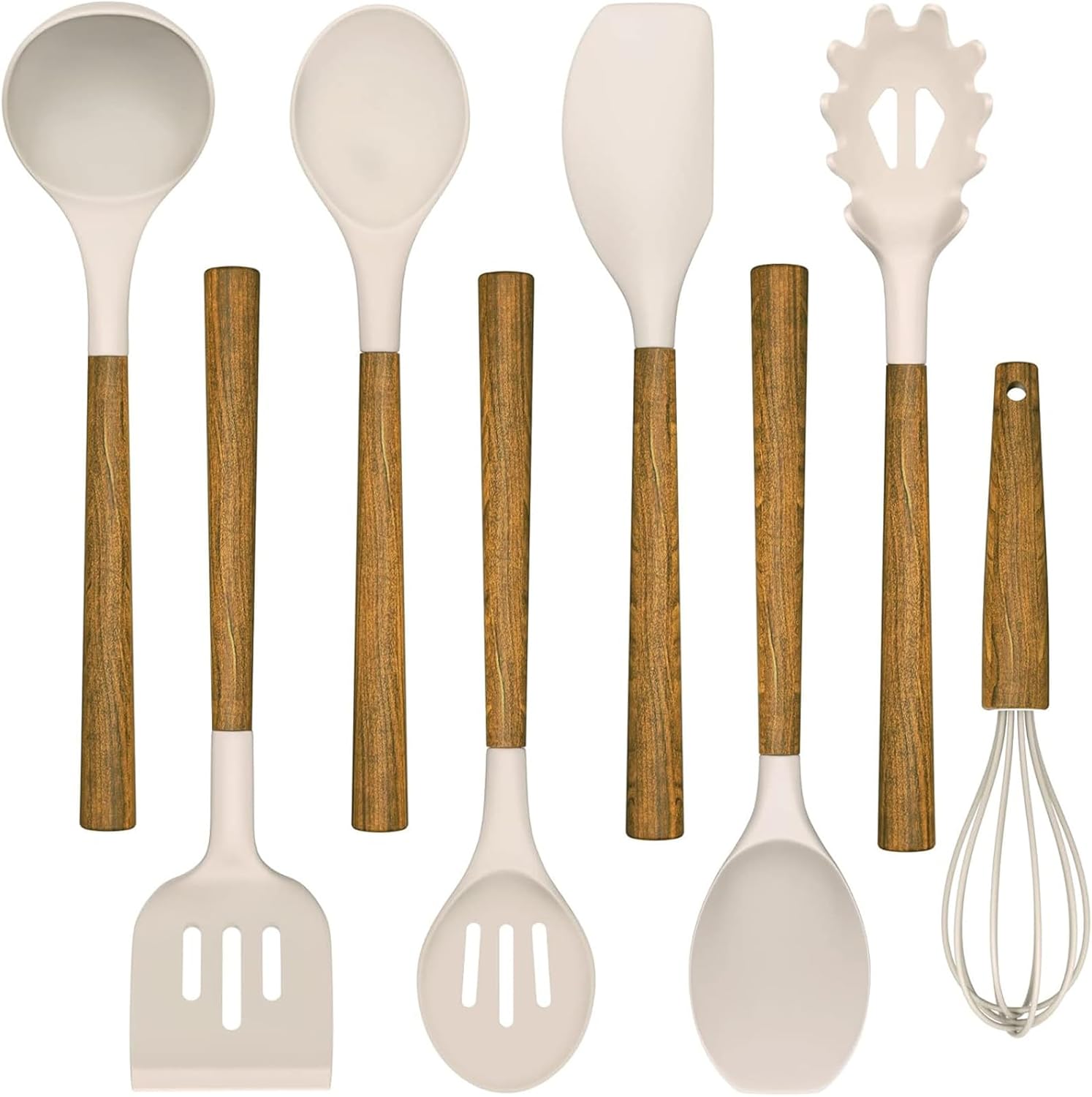 Umite Chef Silicone Cooking Utensil Set, 8-Piece Kitchen Utensils Set with Natural Acacia Wooden Handles,Food-Grade-Silicone Kitchen Gadgets and Spatula Set for Nonstick Cookware - Grey