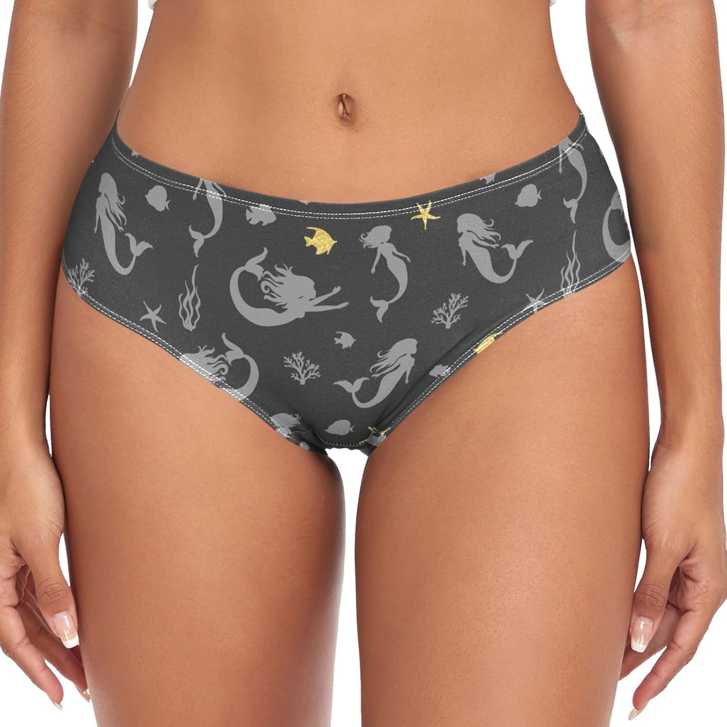 Womens Soft Underwear, Underwater Mermaid Silhouette Fish Starfish Breathable High Waist Brief Bikini Panties XS-XXL